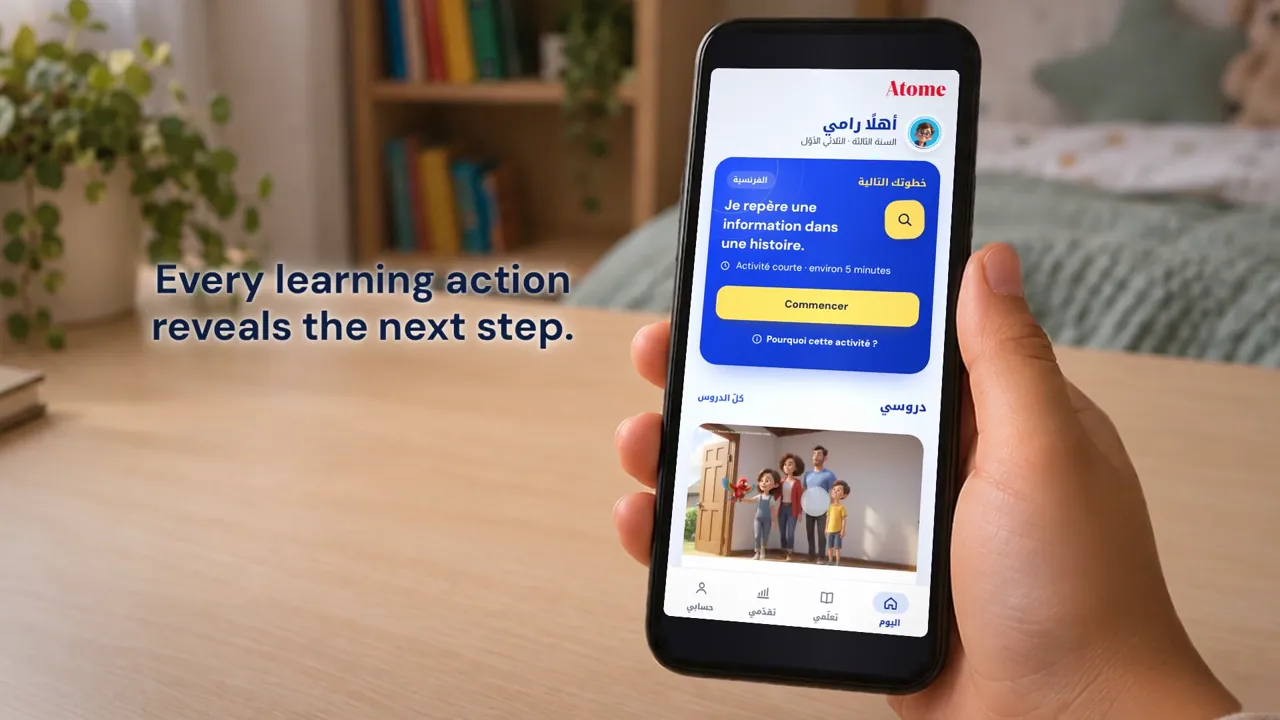 Atome learner home screen on a phone, showing the next suggested activity